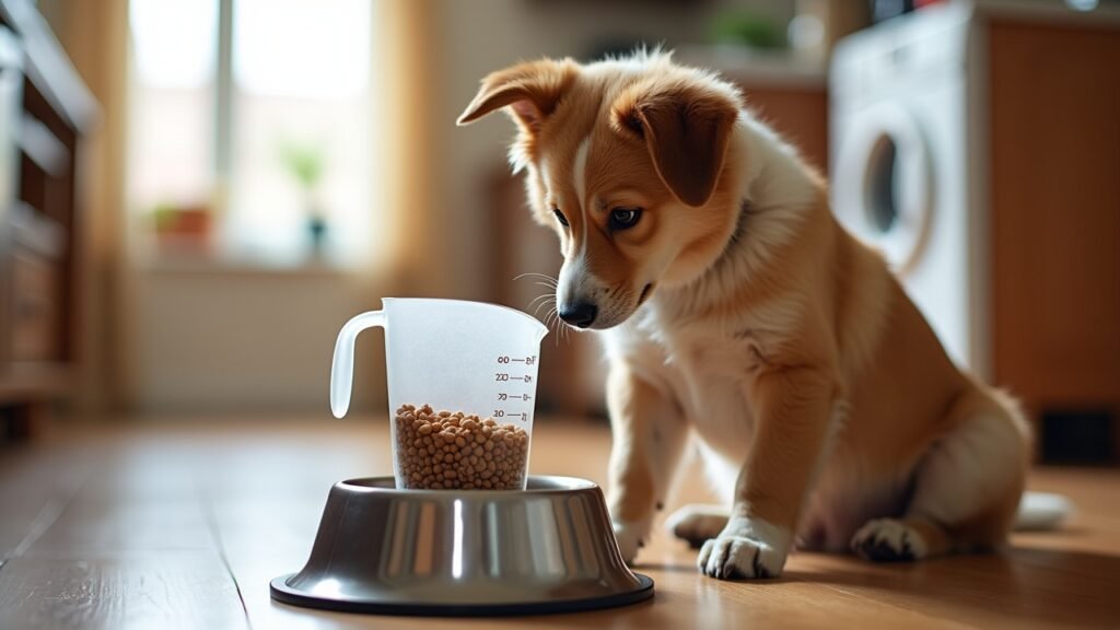 Adult dog with measuring cup of food