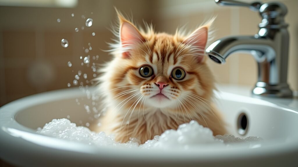 Cat during bath in sink