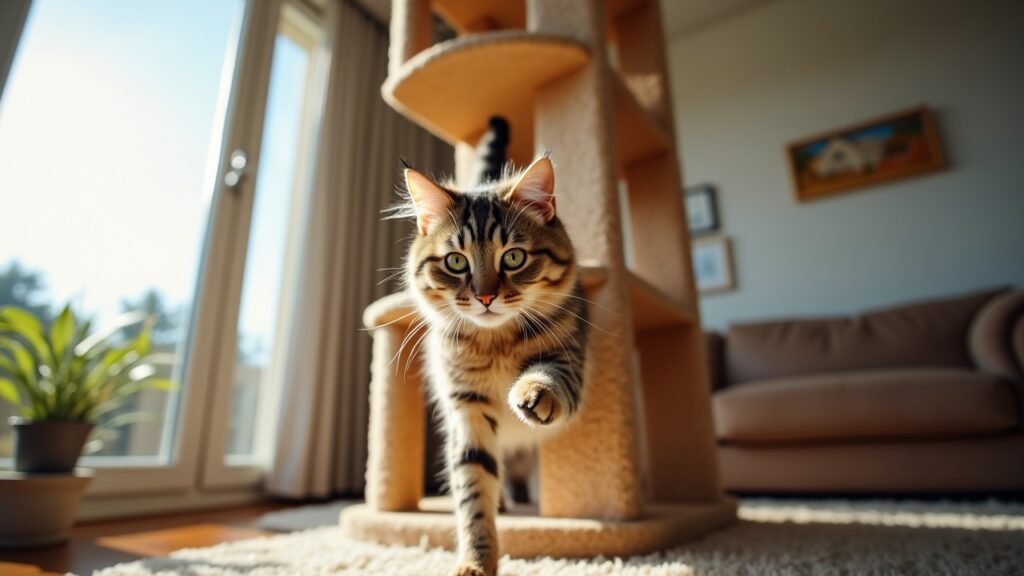 Cat climbing tall cat tree