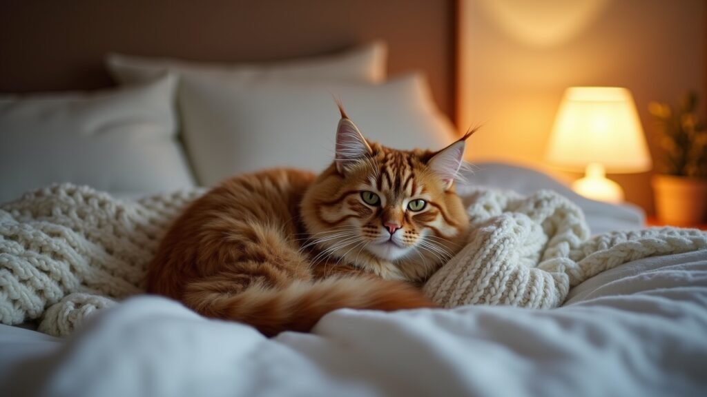 Cat in cozy bed at home