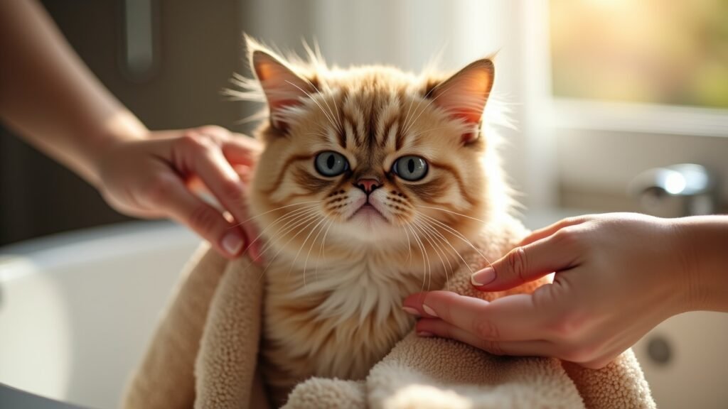 Cat being dried with towel