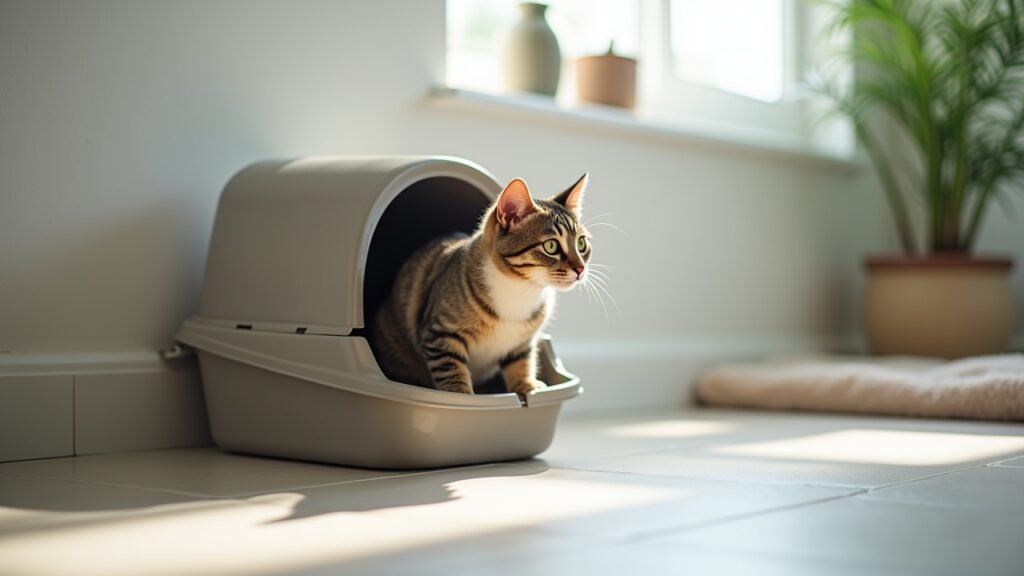 Cat entering covered litter box