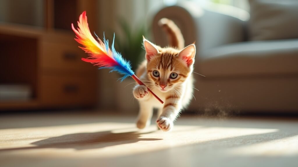 Cat chasing feather wand toy