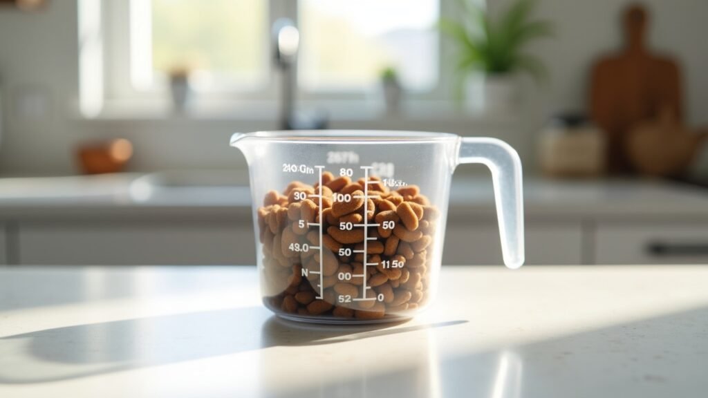 Cat food portions in measuring cup