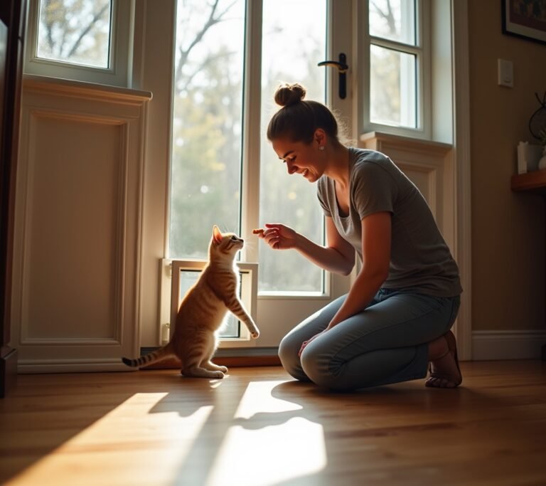 Cat looking at cat door curiously