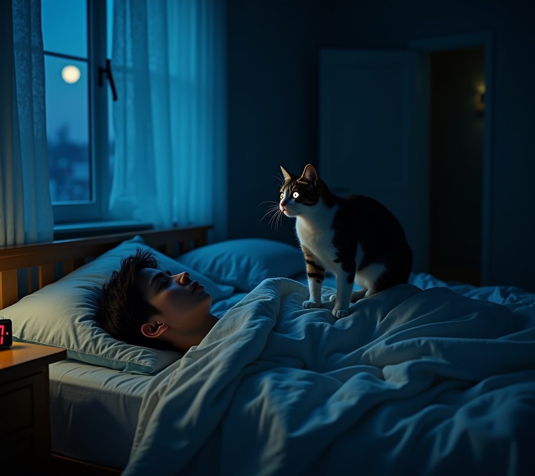 Cat meowing at bedroom door at night