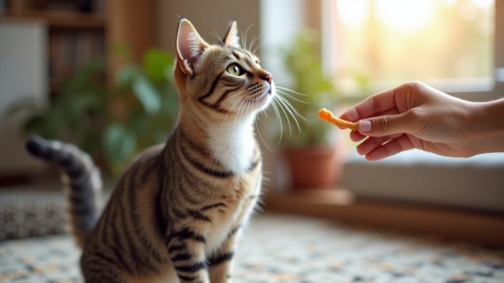 Cat sitting on cue for treat