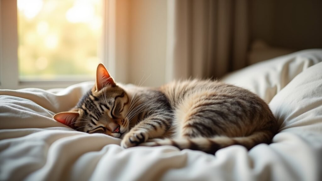 Cat sleeping on bed peacefully