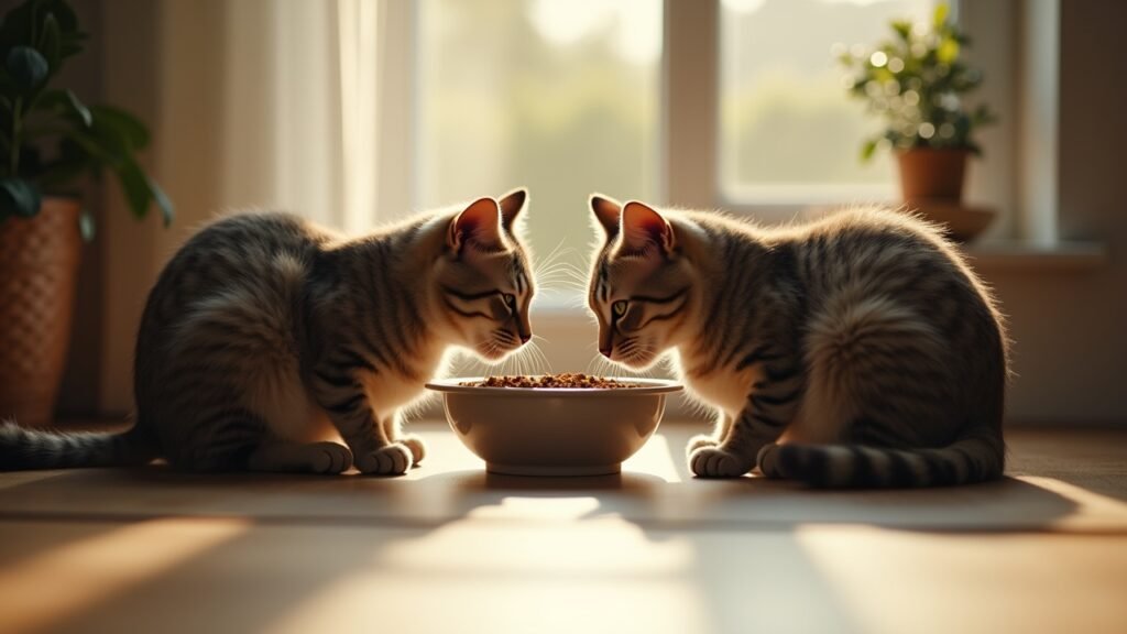 Cats eating near each other calmly