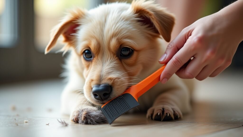 Deshedding tool on short coat dog