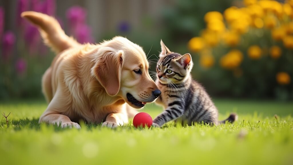 Dog playing calmly with cat