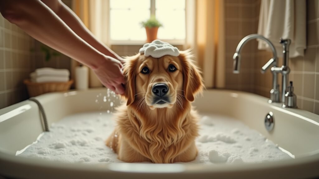 Dog getting a bath at home