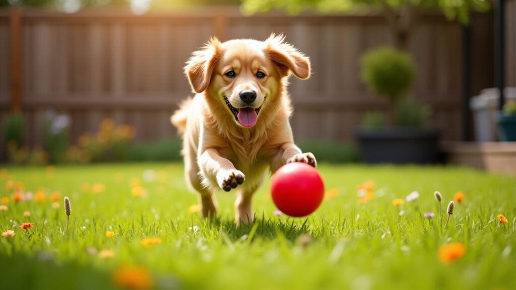 Dog playing with ball in yard