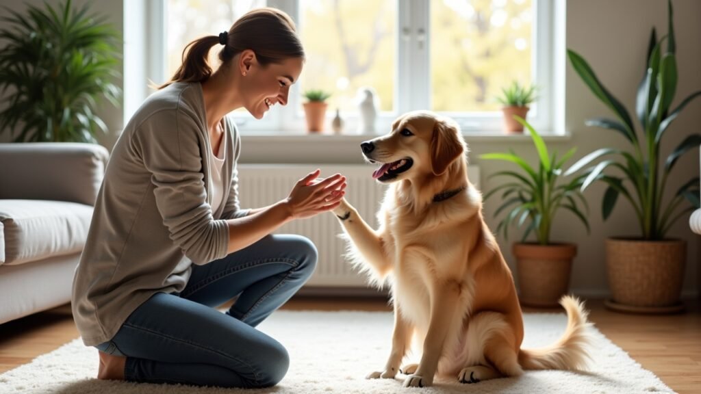 Owner teaching dog to shake