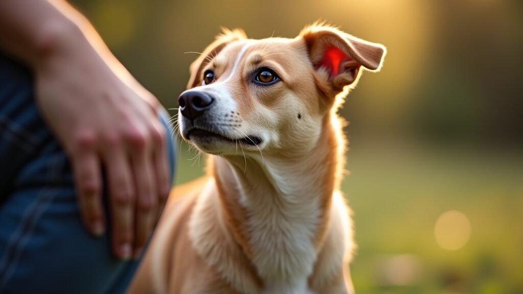 Dog in sit position looking at owner
