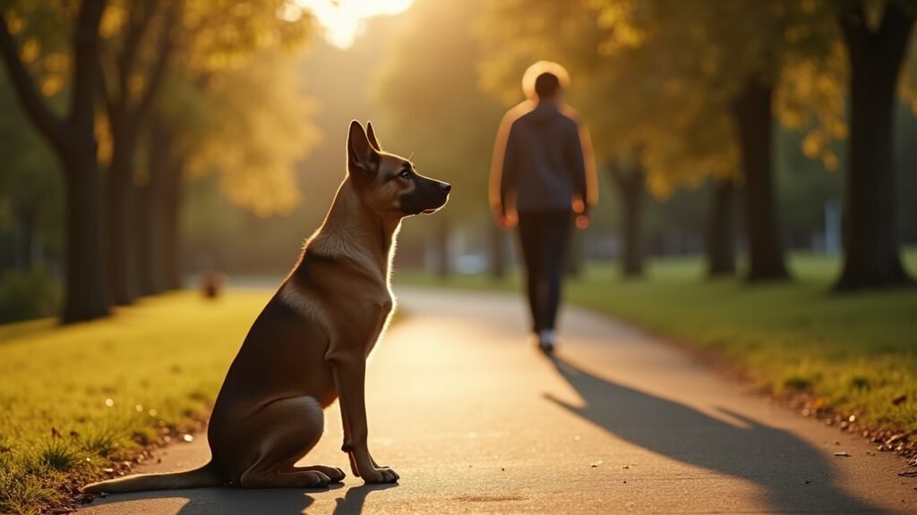 Dog staying while owner steps back
