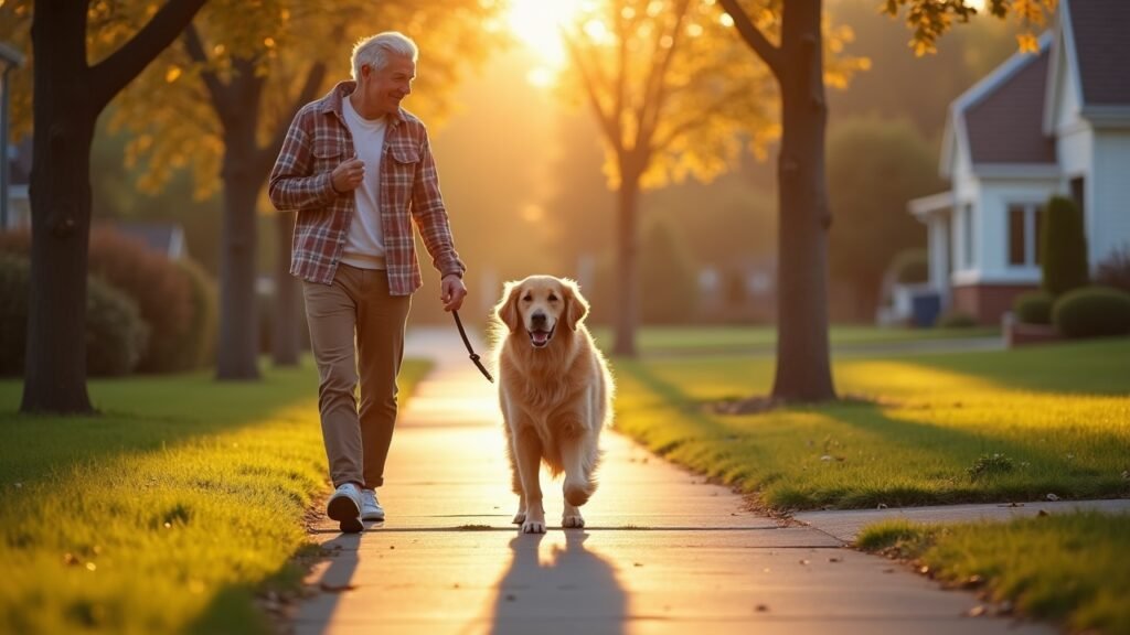 Dog walking calmly beside owner