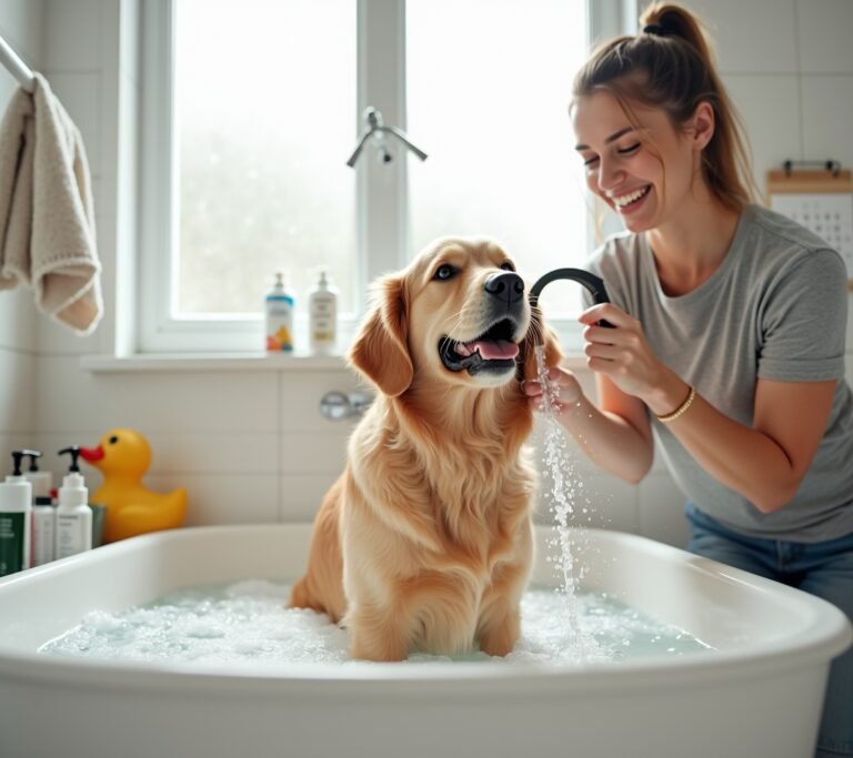 Happy dog in bathtub