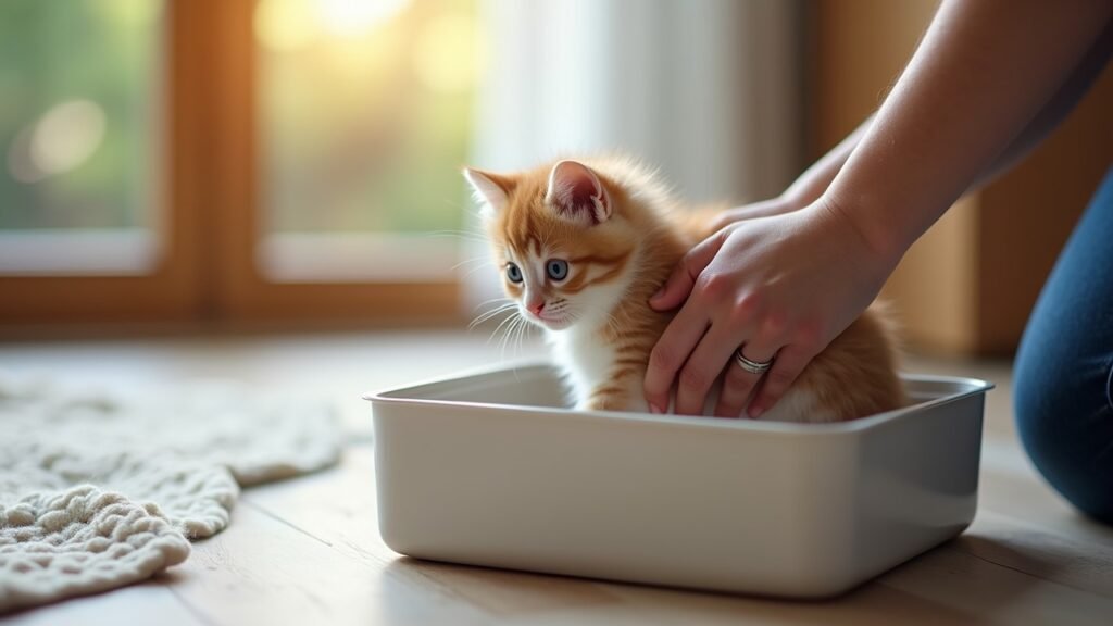 Kitten being placed in litter box
