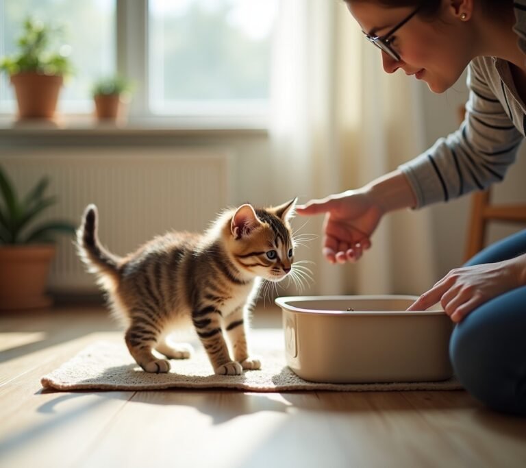 Kitten using litter box