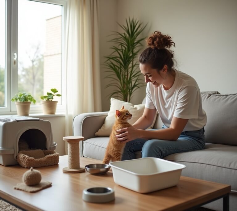 New owner cuddling cat on couch