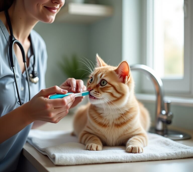 Owner brushing cat's teeth