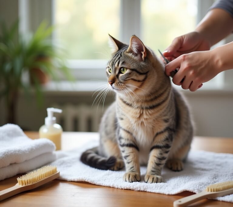 Owner brushing long-haired cat