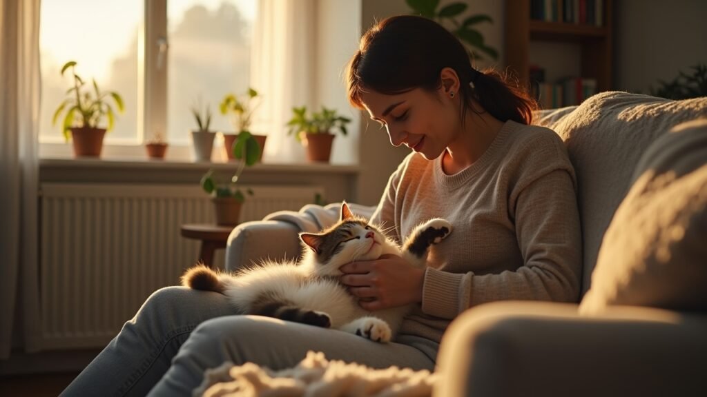 Owner gently checking cat's belly