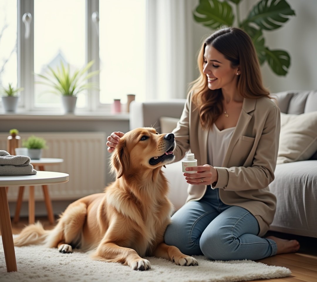 Owner gently cleaning dog ear
