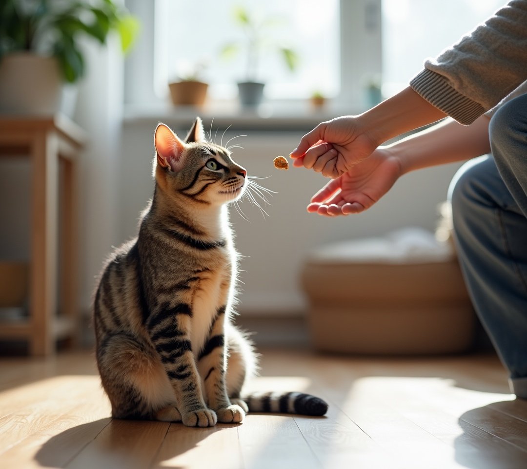 Owner holding clicker near cat