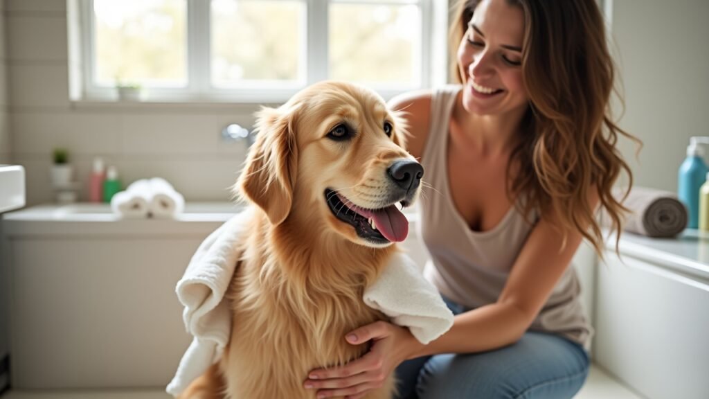 Owner drying dog with towel