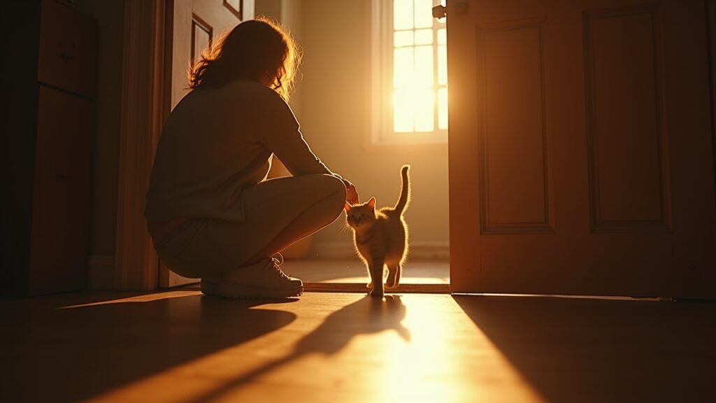 Owner guiding cat through door