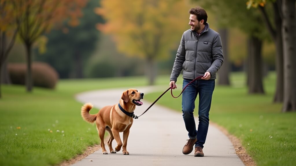 Owner teaching loose leash walk