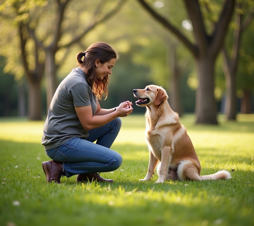 Owner holding treat above dog's nose