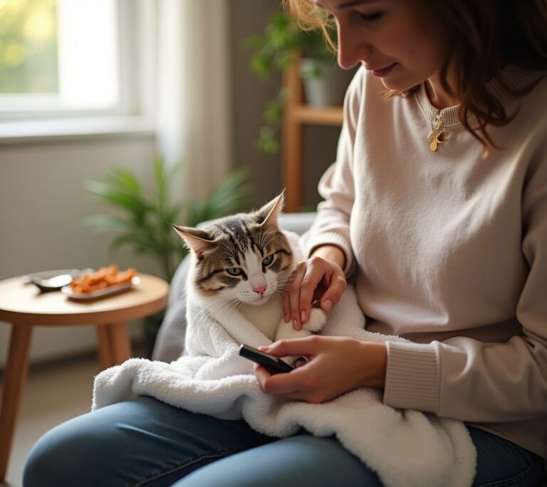 Owner trimming cat's nails calmly