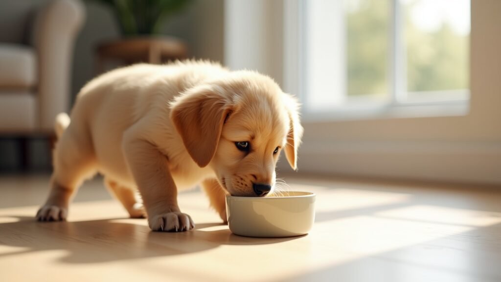 Puppy eating from small bowl