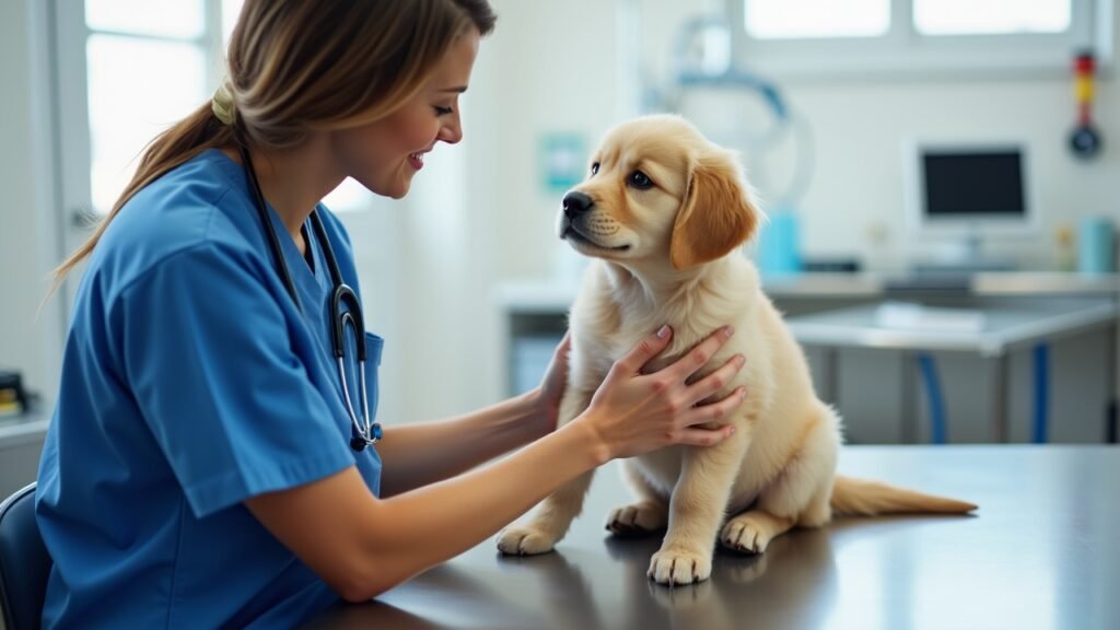 Vet examining puppy