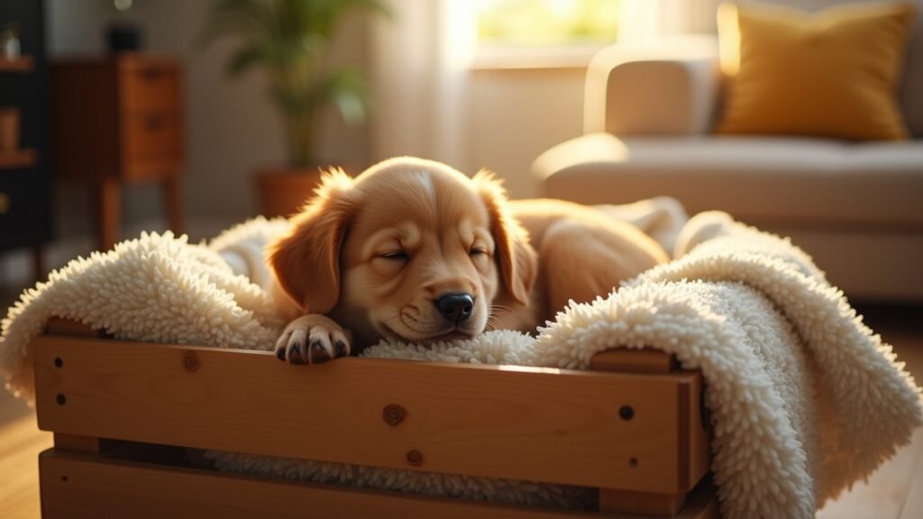 Puppy sleeping in crate