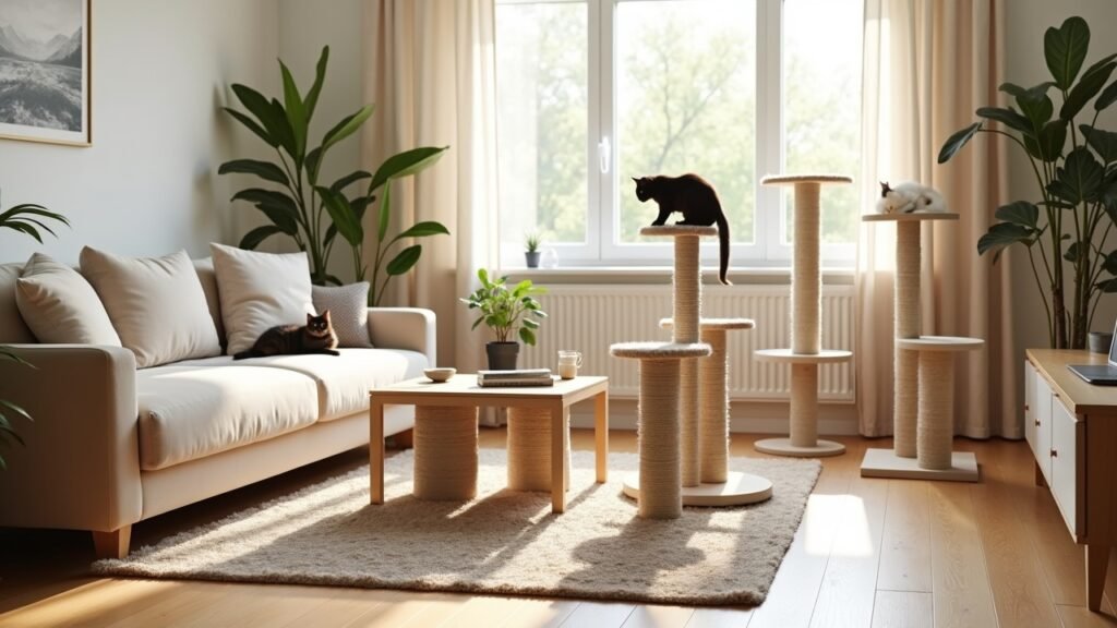 Multiple scratching posts in living room
