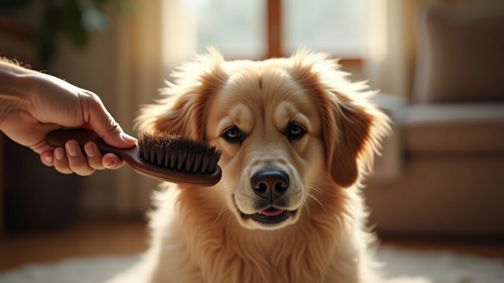 Slicker brush on fluffy dog