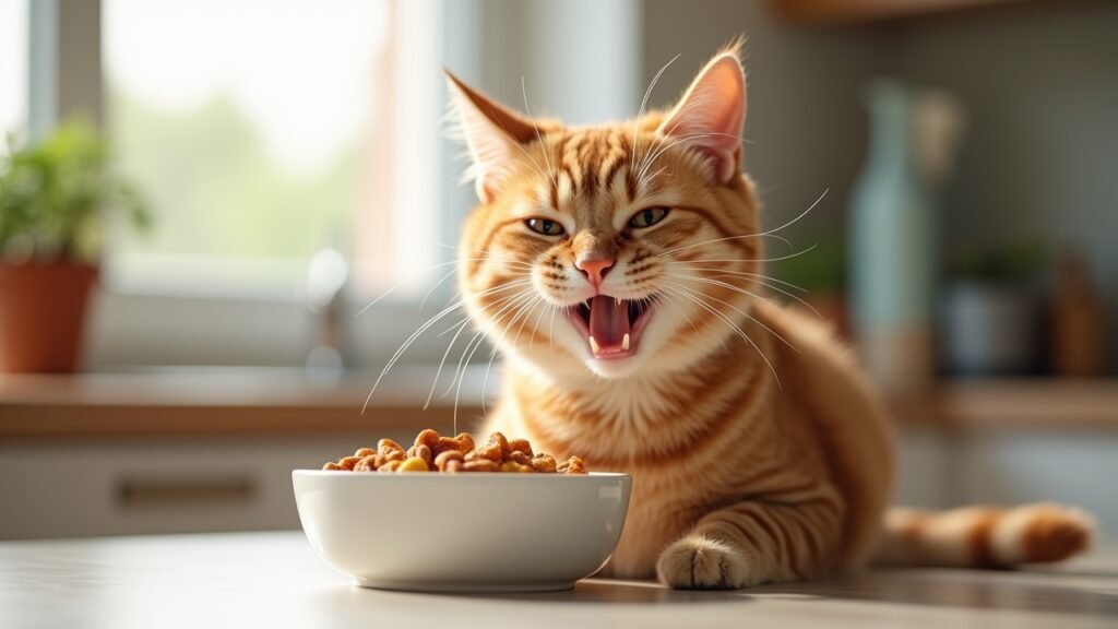 Cat eating new food happily