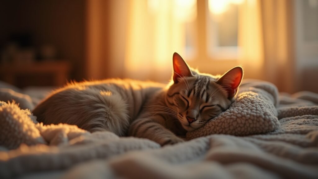 Cat sleeping in evening in bed