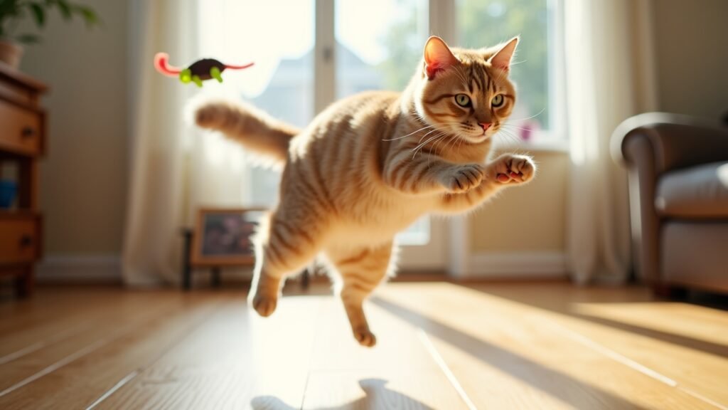 Cat playing midday with toy
