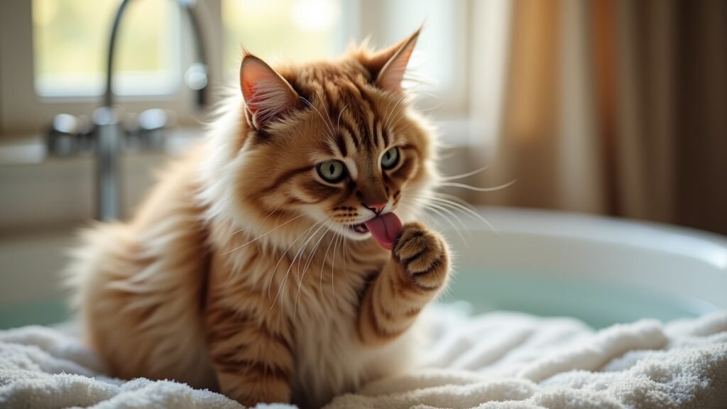 Cat grooming itself after light bath