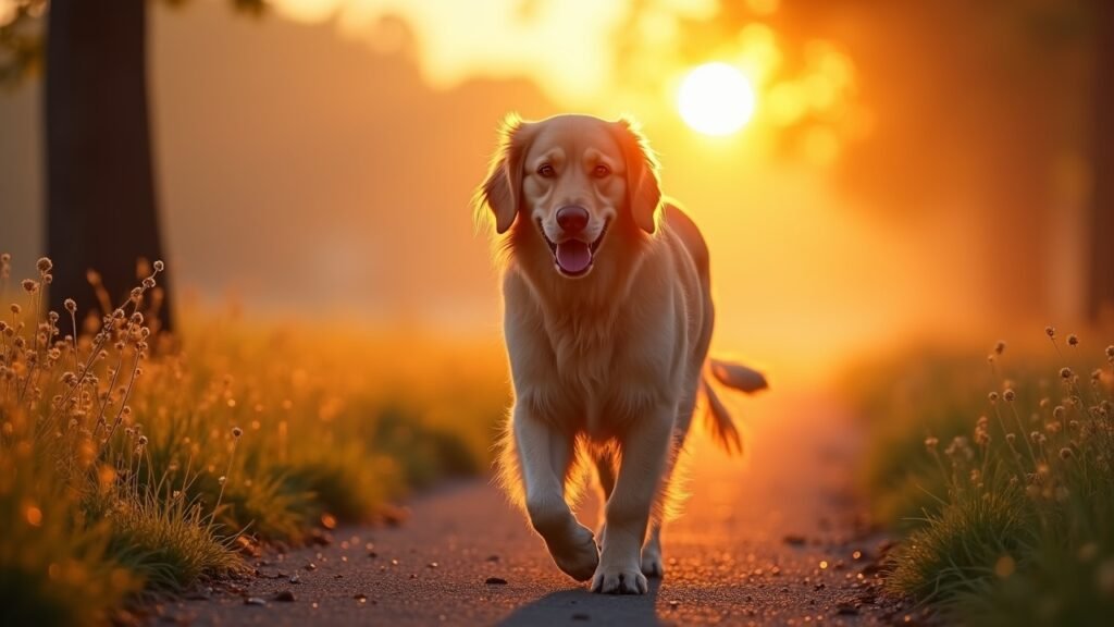 Dog doing morning walk in sunrise