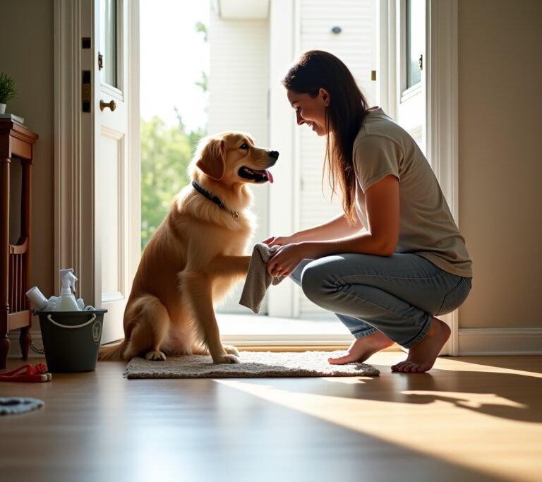 Dog getting paws wiped at front door