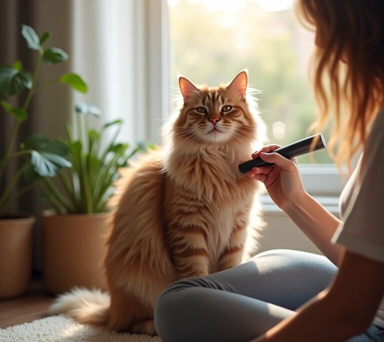Owner brushing Persian cat coat
