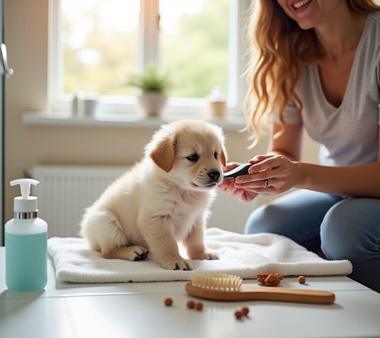 Owner gently brushing small puppy