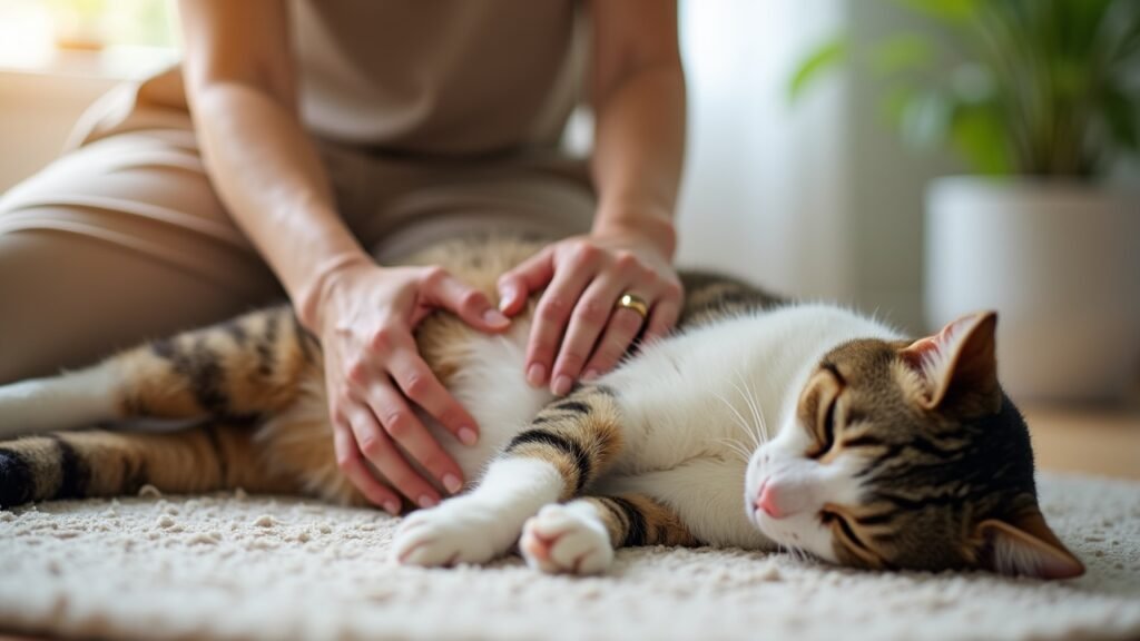 Owner gently pressing cat's abdomen