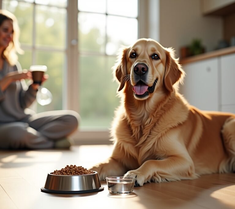 Owner feeding dog in the morning